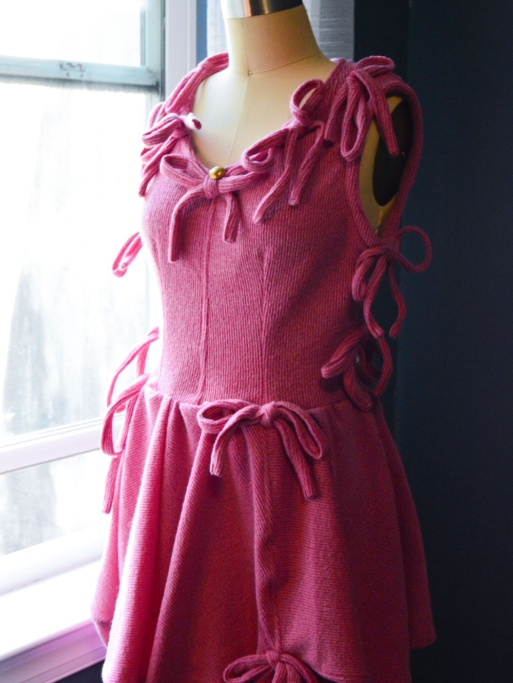 One of One Handmade, Dusty Pink Asymmetrical Soft Knit Mini Dress, with Bows - Picture 13 of 17